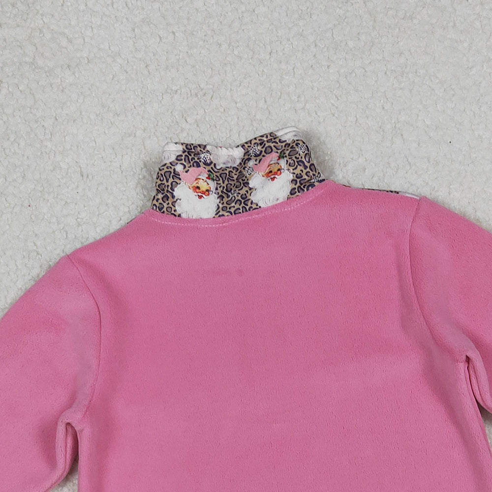 RTS NO MOQ （In stock）GT1151 Baby Girls Long Sleeve Tops Santa Leopard Christmas Half Zipper Pullover Sherpa Tops