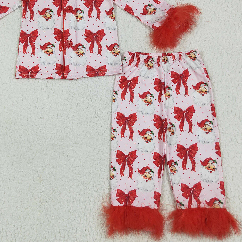 GLP2373 RTS NO MOQ Baby Girls Winter Outfits Baby Girls Red Christmas Fur Bows Santa Button Top Pants Pajamas Sets