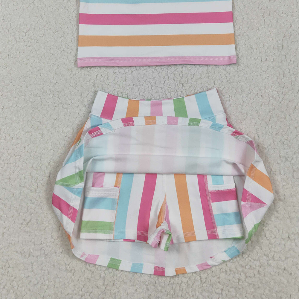 5.20   GSD2348RTS NO MOQ Baby Girls Yoga Outfits Sleeveless colorful stripe top skirt kids girls active wear