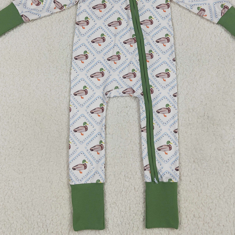USA Shop (in stock)LR2269 Baby Girls Winter Rompers Baby Girls Long Sleeves Green Ducks Plaid Zipper Rompers
