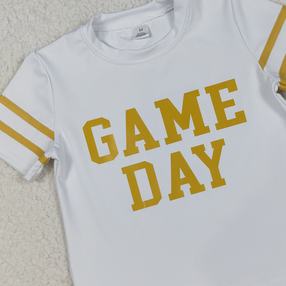 RTS NO MOQ （In stock）GT1101+GLK0084 Baby Girls Summer Outfits Baby Girls Vinyl Yellow Game Day Yoga Active Team Tee Shirts Top Baby Girls Hot Blue Yoga Active Wear Skirts Sets