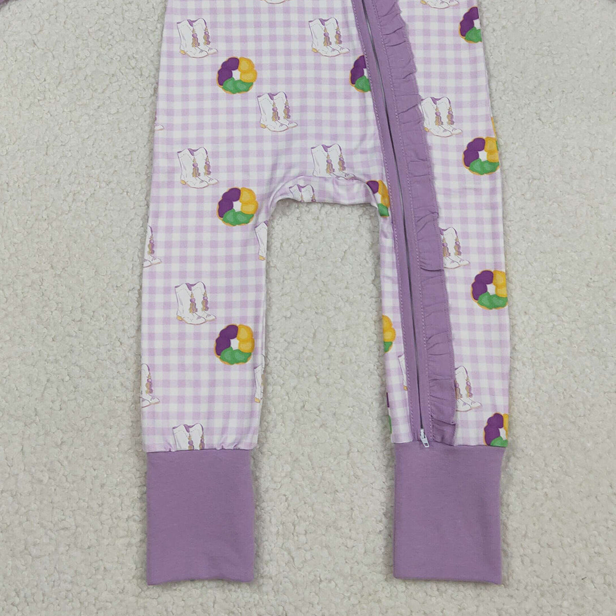 12.10 RTS NO MOQ （In stock）LR2783 Baby Girls Winter Rompers Baby Girls Mardigras Boots Donuts Checked Two Way Ruffle Zip Convertible Rompers