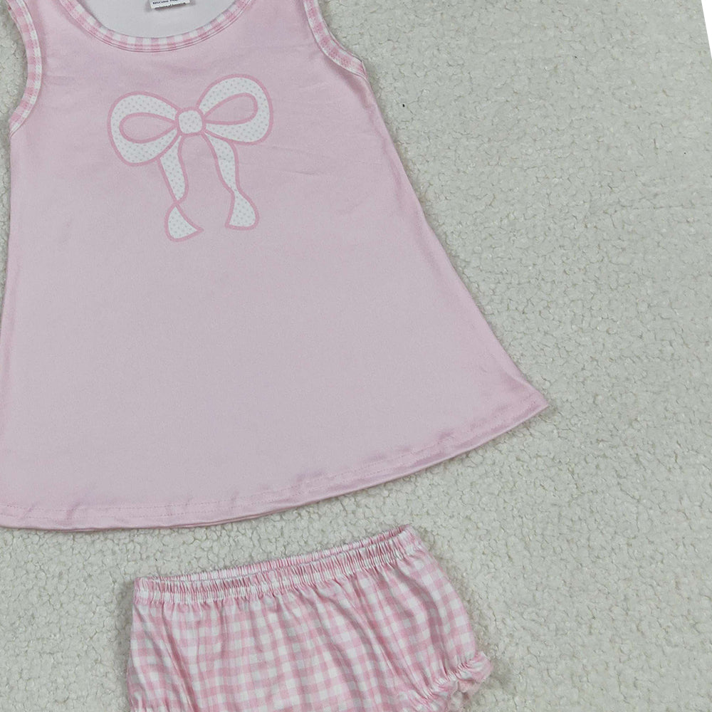 RTS NO MOQ （In stock）GBO0469 Baby Girls Summer Outfits Baby Girls Light Pink Sleeveless Bow Tunic Bummies Clothes Set