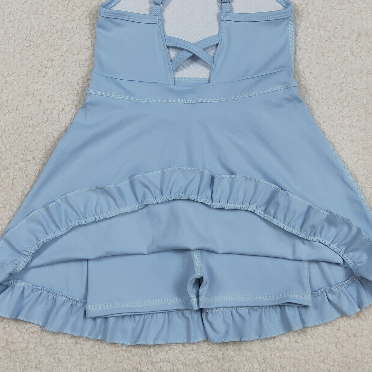 3.10 RTS NO MOQ （In stock）S0713 Kids Fashion Clothes Baby Girls Sleeveless Light Blue Strap Yoga Active Shorts Ruffle Knee Length Dresses