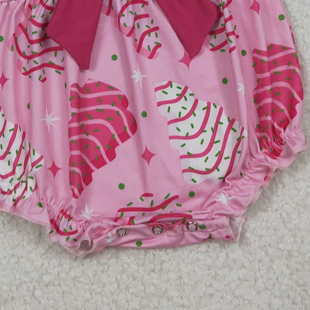 9.27 RTS NO MOQ （In stock）LR2586 Baby Girls Winter Rompers Baby Girls Pink Stripe Trees Stars Bow Top Christmas Ruffle Rompers