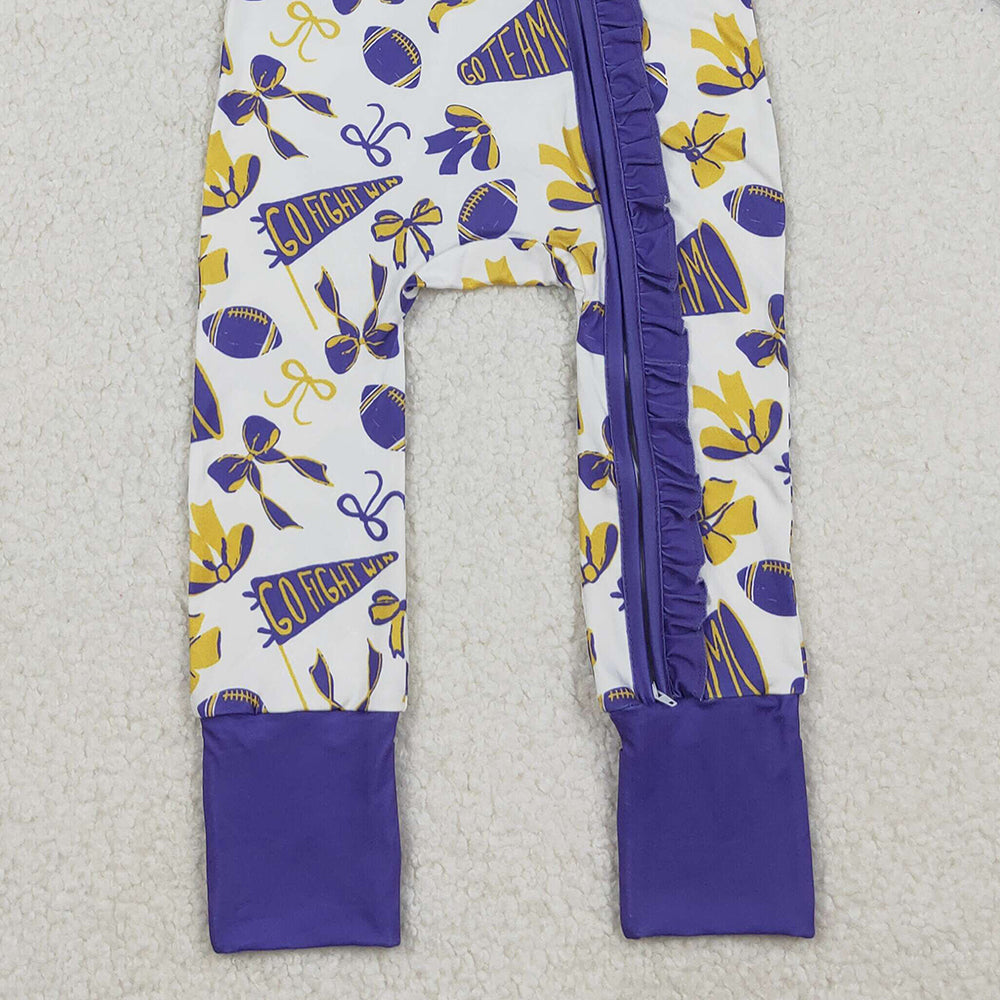 9.29 RTS NO MOQ （In stock）LR2513 Baby Girls Winter Rompers Baby Girls Team Purple Bows Footballs Ruffle Zipper Footie Rompers