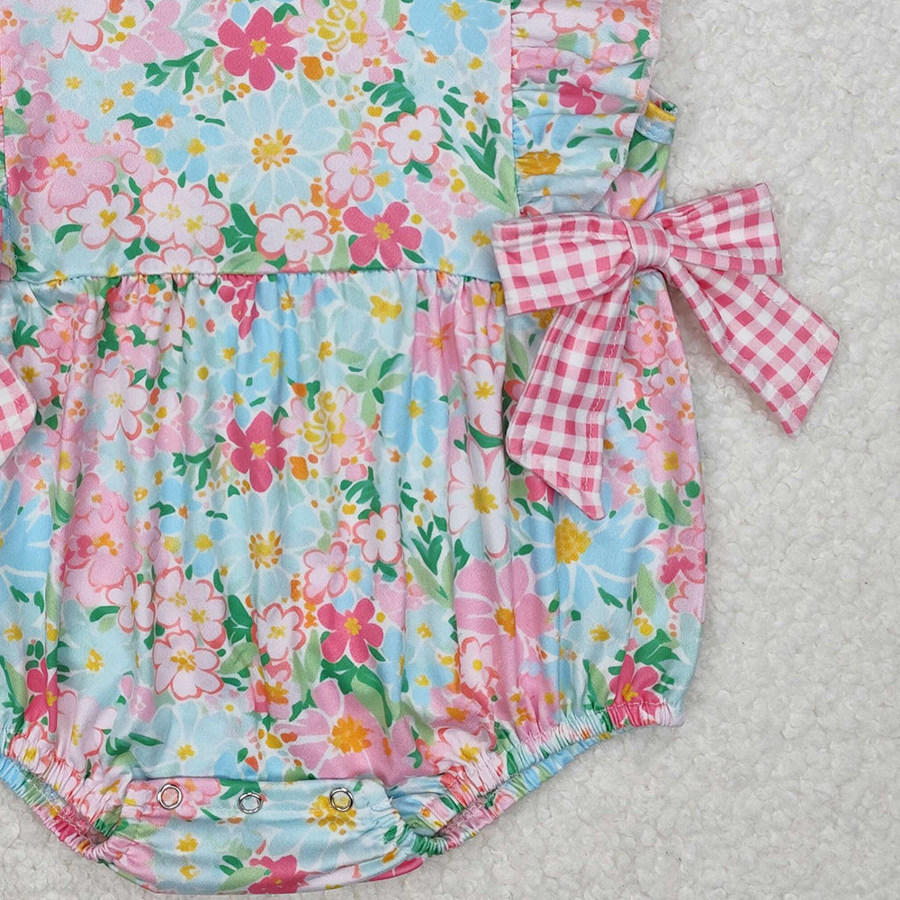 SR2719Baby Girls Ruffle Floral Pink Plaid Bow Summer Romper Cute Infant Outfit with Bow Detailing for Little Girls
