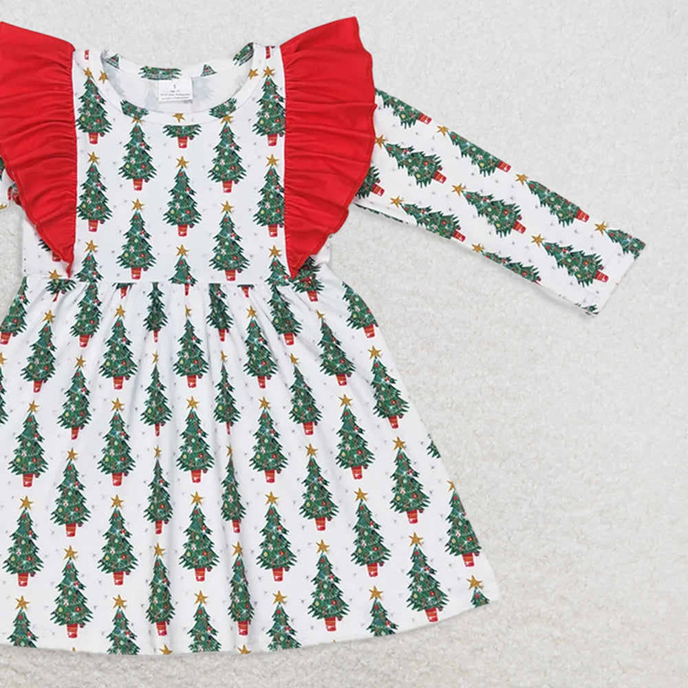 GLD0377RTS NO MOQ Baby Girls Winter Dress  Baby Girls Christmas Tree Ruffle Long SleeveKnee Length Dresses