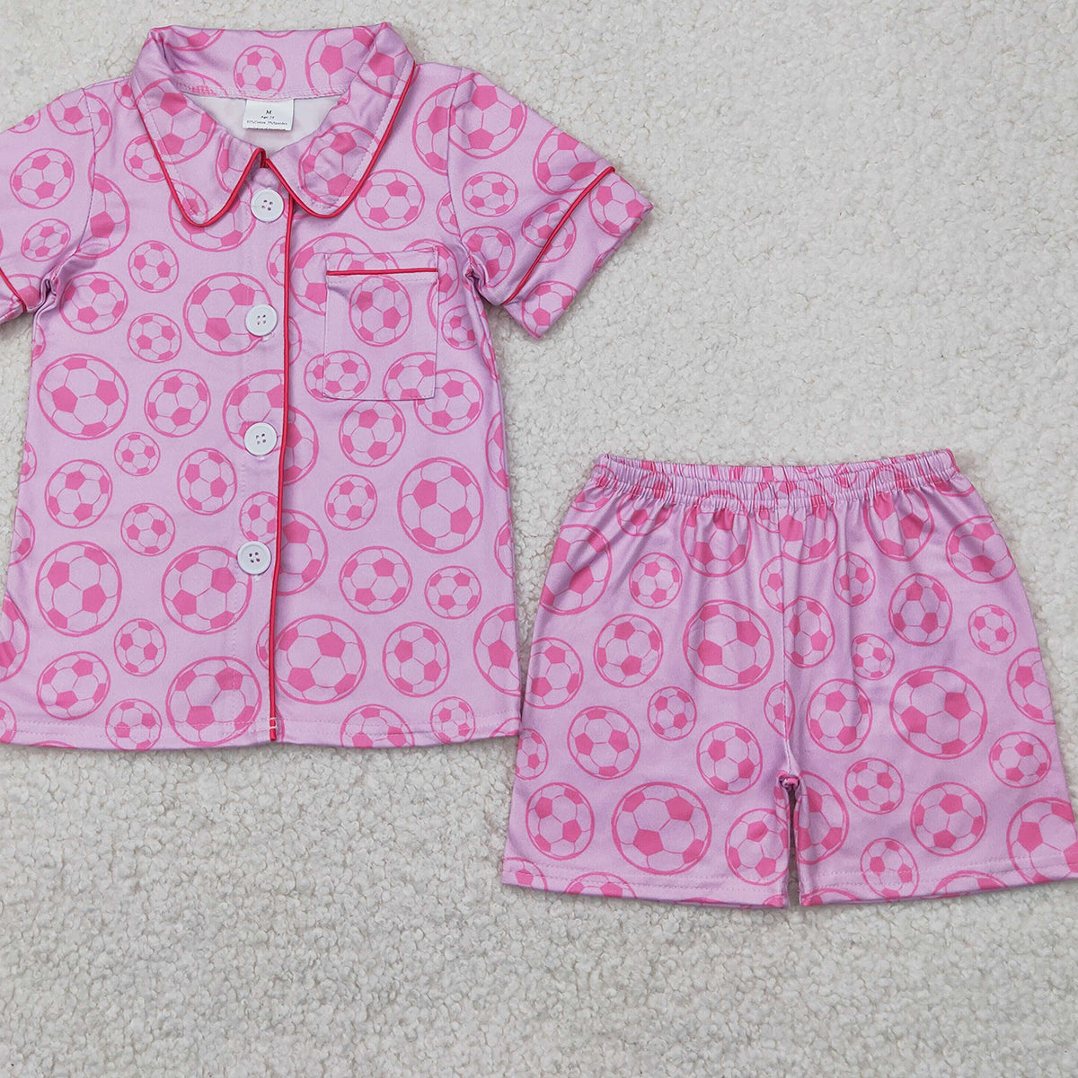 GSSO1957RTS NO MOQ Baby Girls Summer Pajamas Outfits Short sleeves pink soccer baby girls button down pajamas