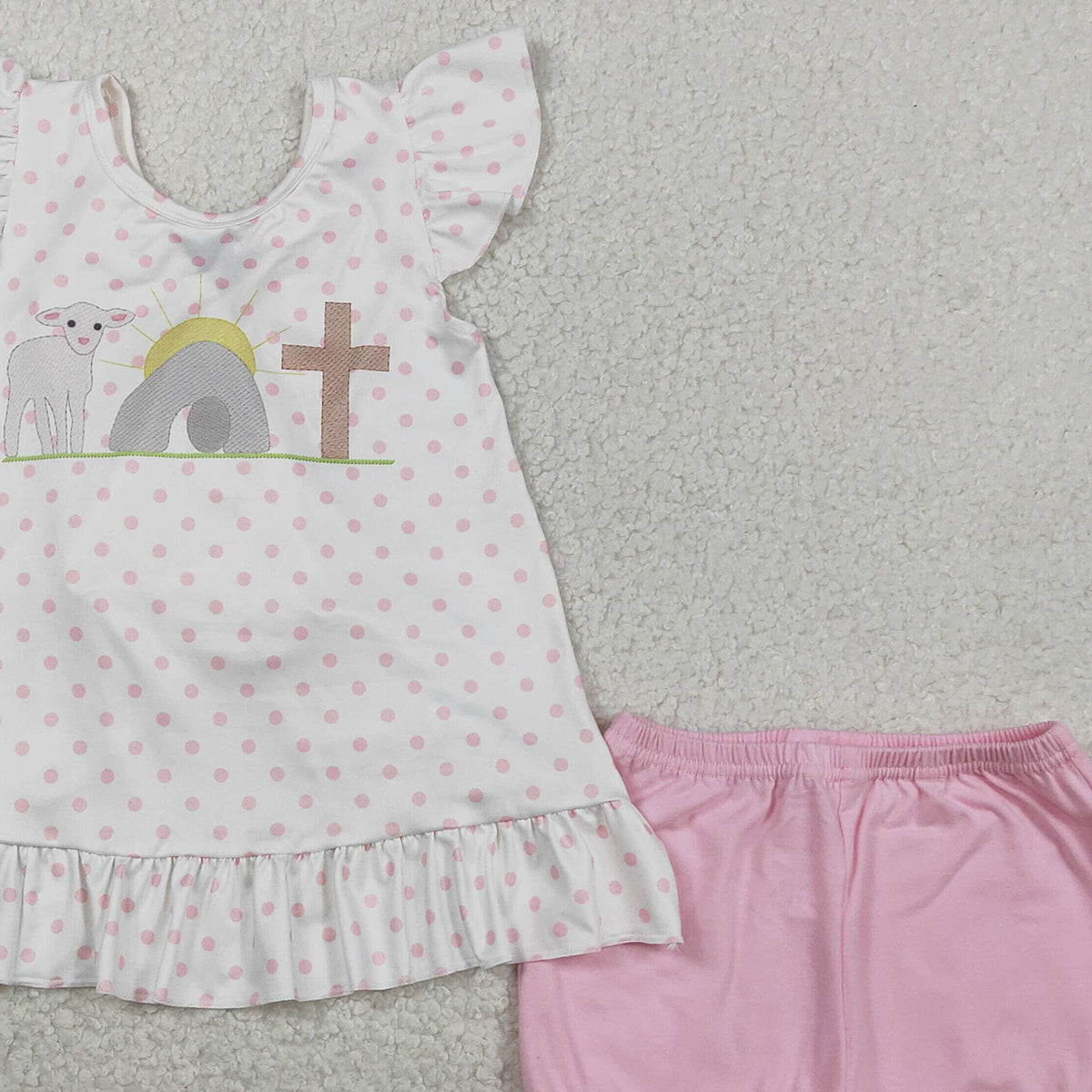 2.2 RTS NO MOQ （In stock）GSSO3018 Baby Girls Cross Polka Dots Back Bow Tunic Ruffle Short Easter Clothes Sets
