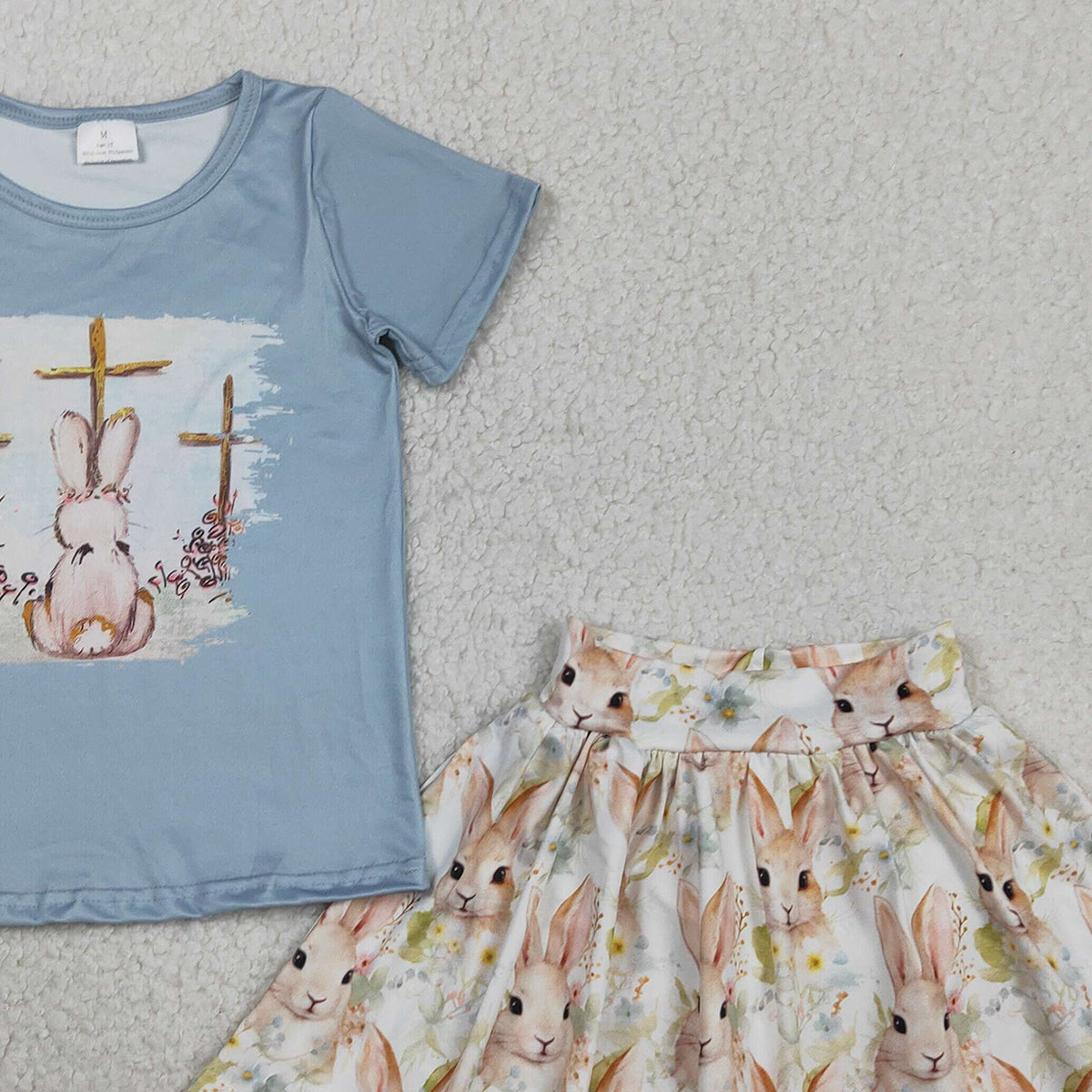 1.22 RTS NO MOQ （In stock）GSD3486 Baby Girls Short Sleeve Crosses Rabbit Top Skirt Shorts Easter Clothes Sets