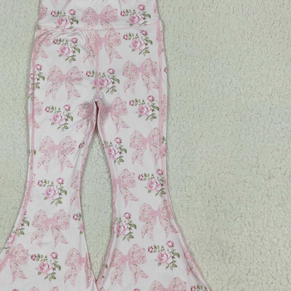 8.14 P0768 RTS NO MOQ Baby Girls Yoga Pants Baby Girls Pink Floral Bows Bell Bottom Yoga Pants