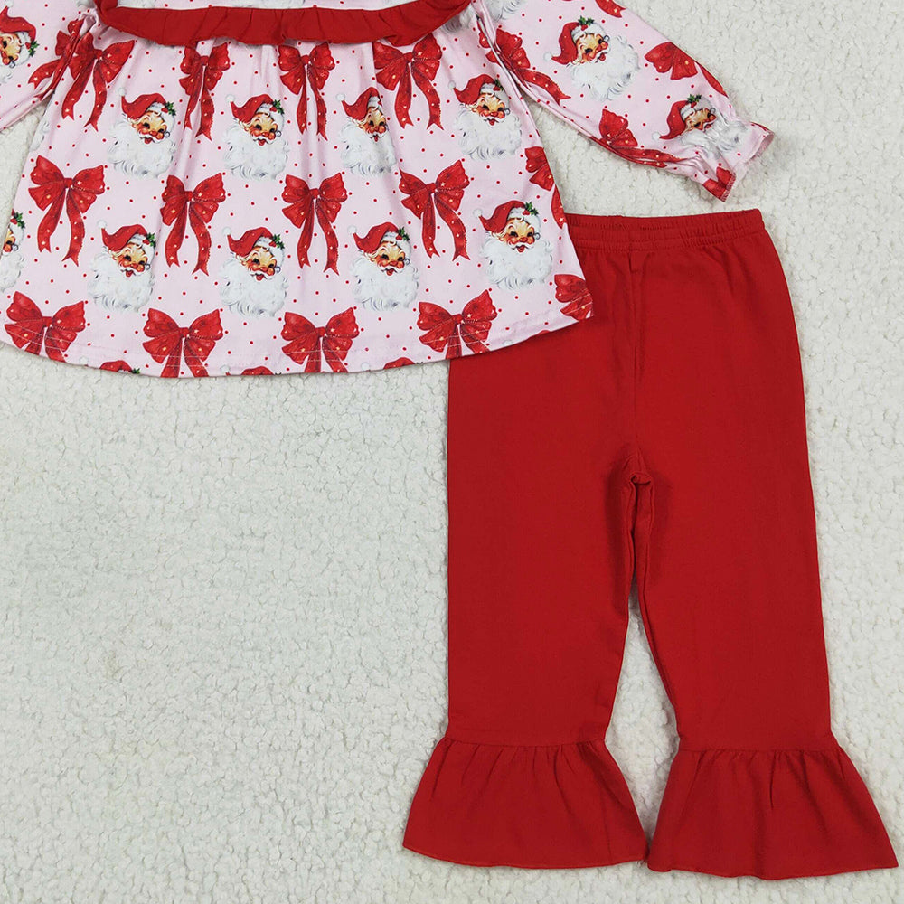 GLP2347 RTS NO MOQ Baby Girls Winter Outfits Baby Girls Long Sleeves Red Santa Bows Tunic Ruffle Pant Sets