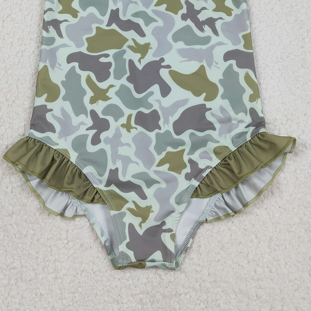 1.9 RTS NO MOQ （In stock）S0596 Baby Girls Southern Hunting Green Ducks Camo Ruffle Swimsuits