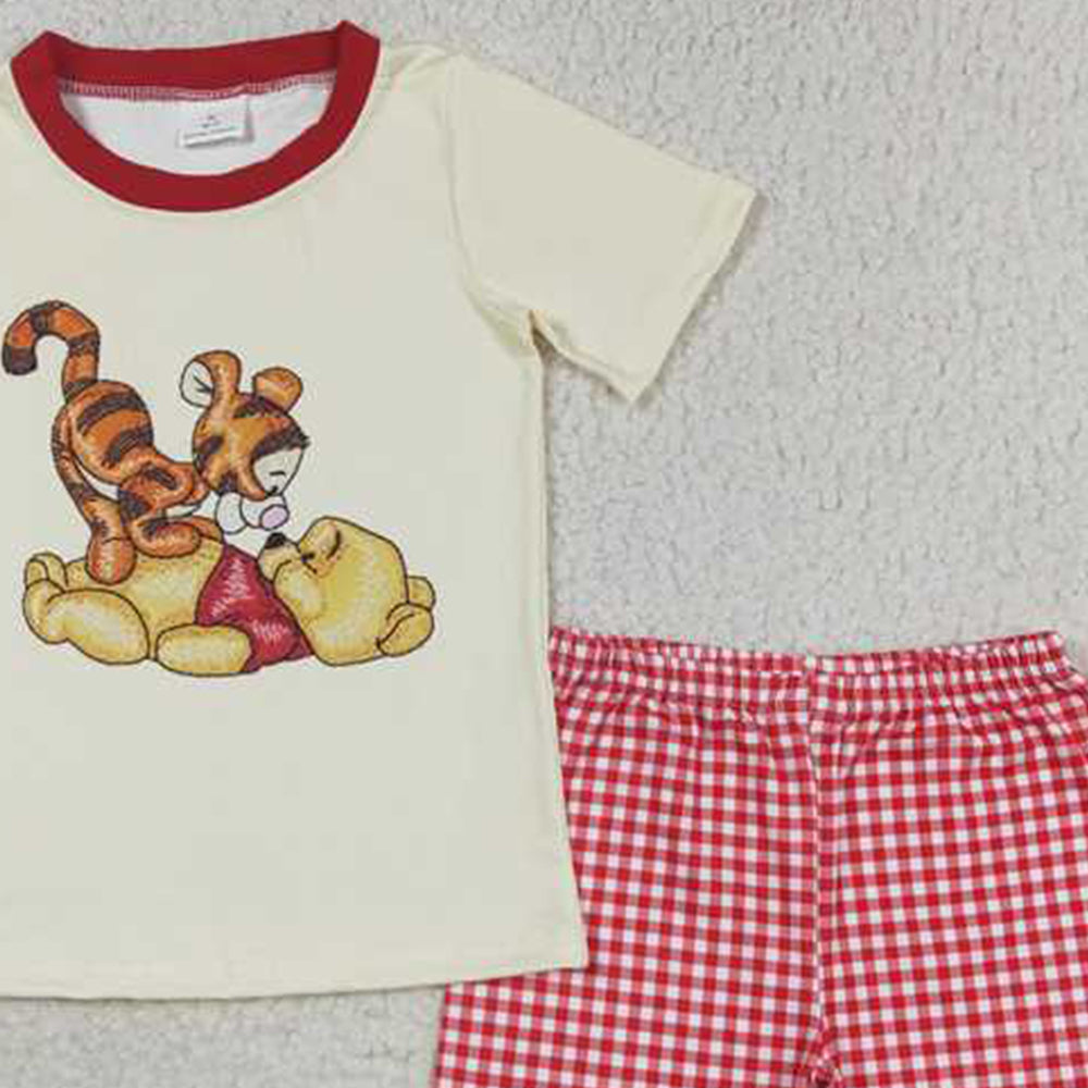 BSSO0939Boys Plaid Shorts And Bear Top Short Sleeve Outfit Children's Clothing Set
