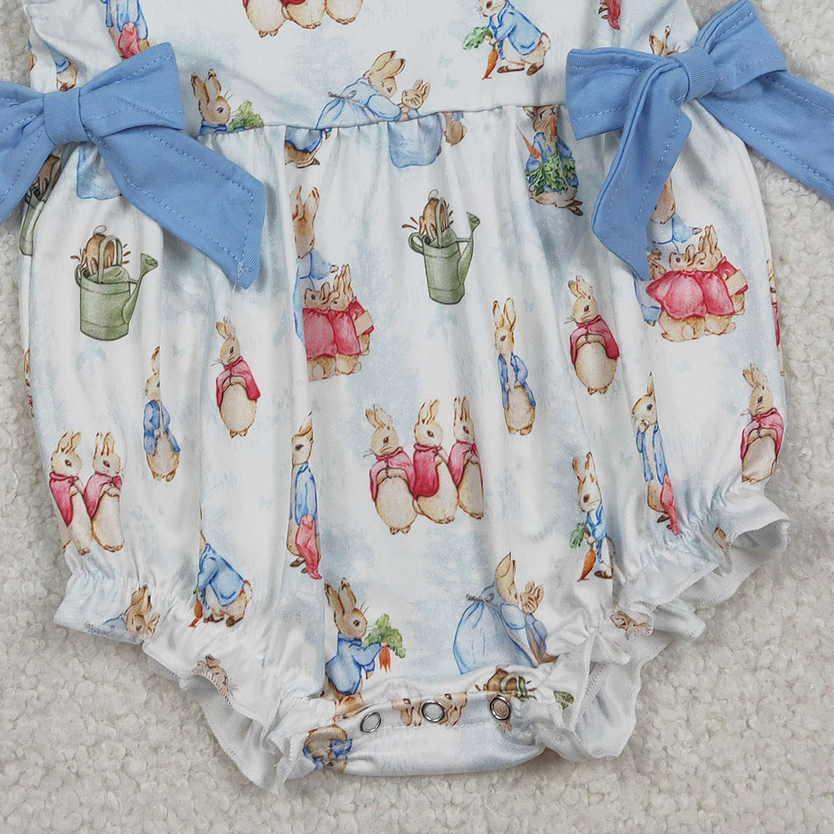 1.24 RTS NO MOQ （In stock）SR3833 Baby Girls Flutter Sleeve Rabbits Bows Easter Ruffle Rompers
