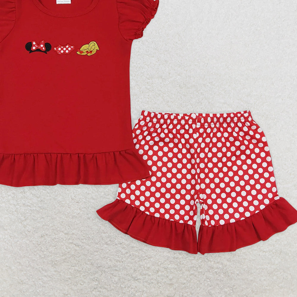 GSSO0450RTS NO MOQ Baby Girls Summer Outfits Red short sleeves mouse top ruffle shorts girls outfits