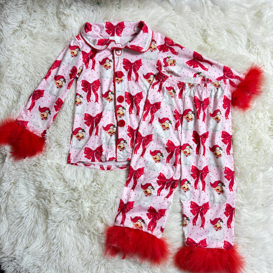 12.6 RST GLP2373 Baby Girls Red Christmas Fur Bows Santa Button Top Pants Pajamas Sets