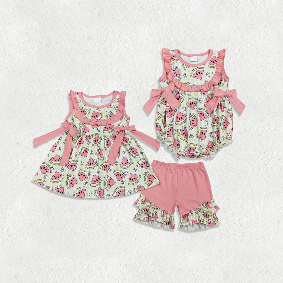 3.18 RTS Sibling Baby Girls Sleeveless Watermelons Flowers Tunic Ruffle Shorts Clothes Set Rompers