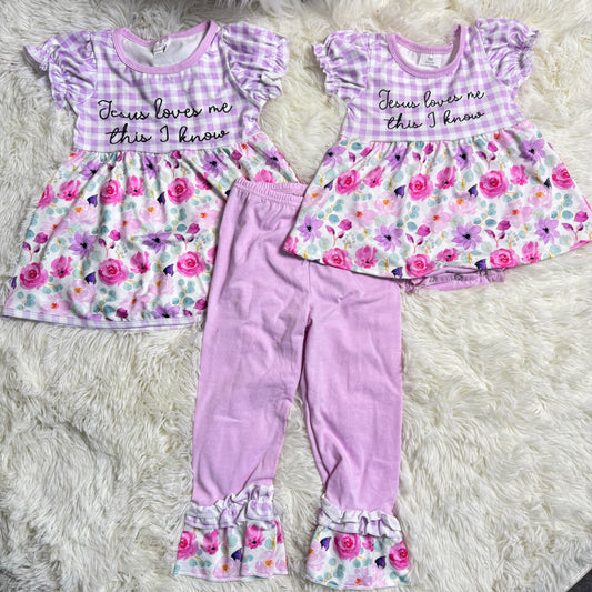 12.11 RTS Sibling Baby Girls Flowers Checked Jesus Love Me Tunic Ruffle Pants Set Tunic Ruffle Rompers