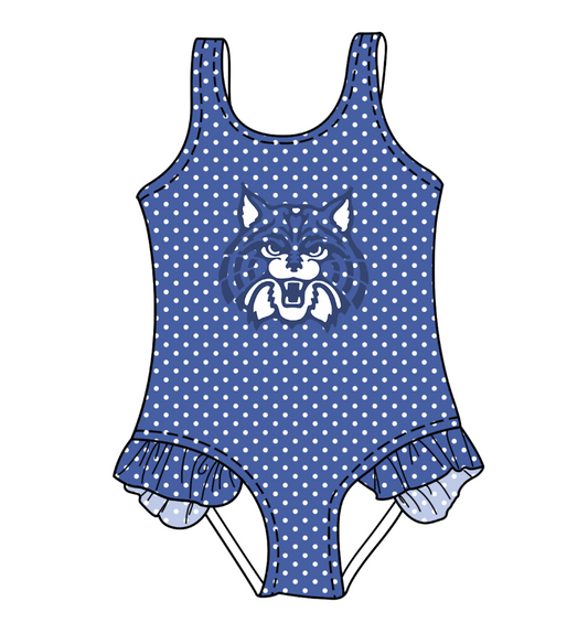 CUSTOM MOQ 5 Cute Comfortable Clothing For Kids Baby Girls Blue Cat Polka Dots Ruffle Team One Piece Swimsuits