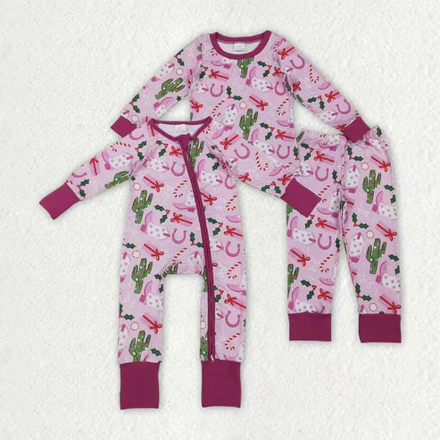 11.4 RTS Sibling Baby Girls Boots Cactus Western Christmas Pants Pajamas Sets Zipper Rompers