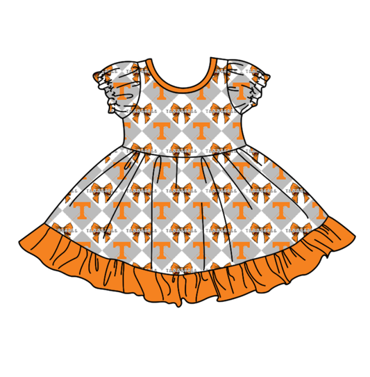 CUSTOM MOQ 5 Baby Girl Grey Bow Plaid Short Sleeve Team Knee Length Dresses