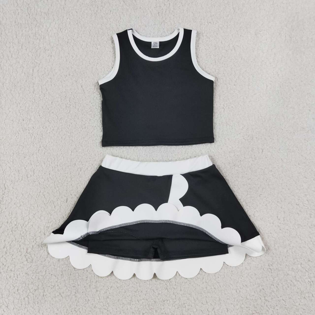 GSD4029 RTS NO MOQ （In stock）Baby Girls Sleeveless Black Vest Scallop Skirt Short Yoga Active Clothes