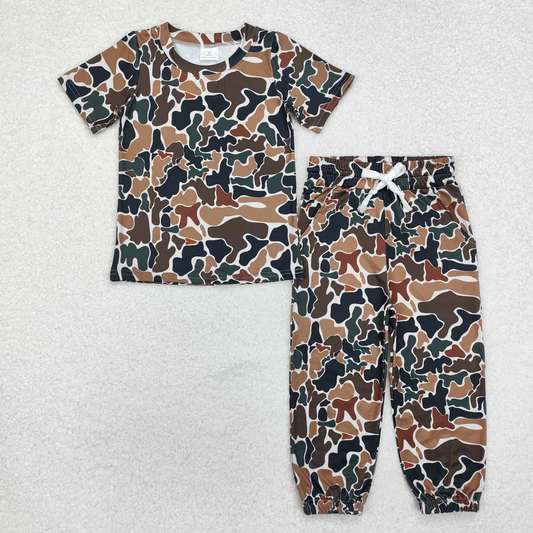 RTS NO MOQ （In stock）BT0905+P0650 Camouflage beige short-sleeved top drawstring trousers sets