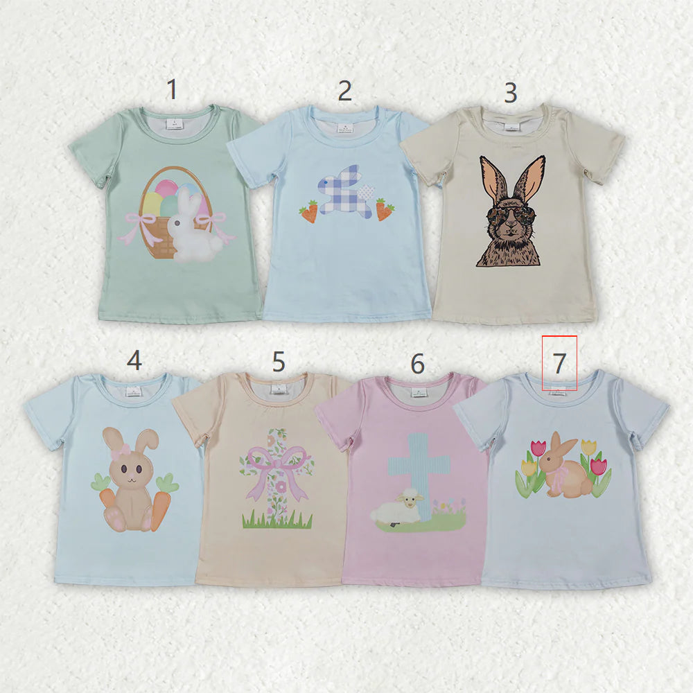 12.6 RST Sibling Baby Girls Short Sleeve Flowers Cross Rabbits Eggs Easter T-shirts Tops