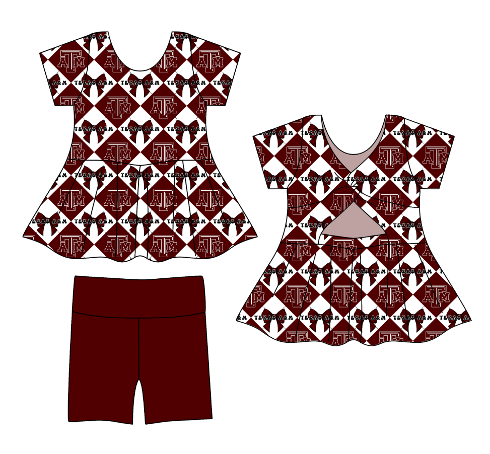 CUSTOM MOQ 5 Baby Girl Clothes Dark Red Bow Plaid Team Short Sleeve Shorts Yoga Active Clothes Sets