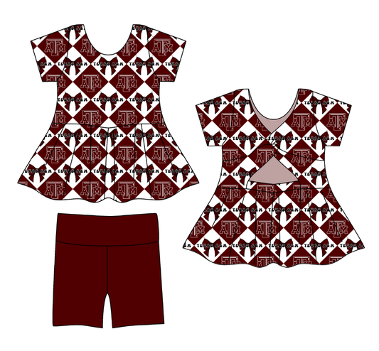 CUSTOM MOQ 5 Baby Girl Clothes Dark Red Bow Plaid Team Short Sleeve Shorts Yoga Active Clothes Sets