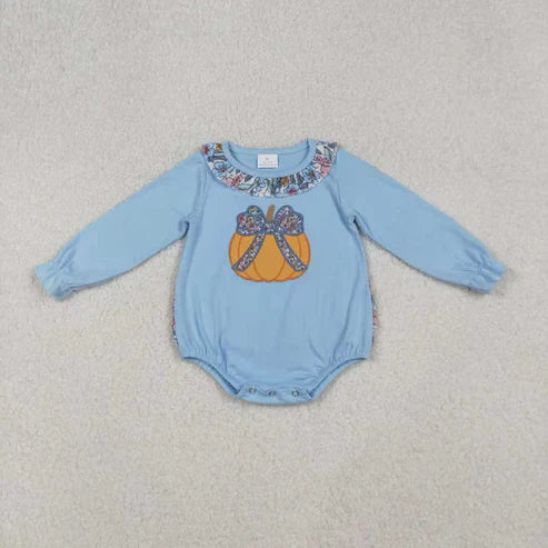 10.1 RTS Sibling Embroidery Pumpkins Baby Girls Top Bell Bottom Pant Fall Clothes Sets Ruffle Rompers
