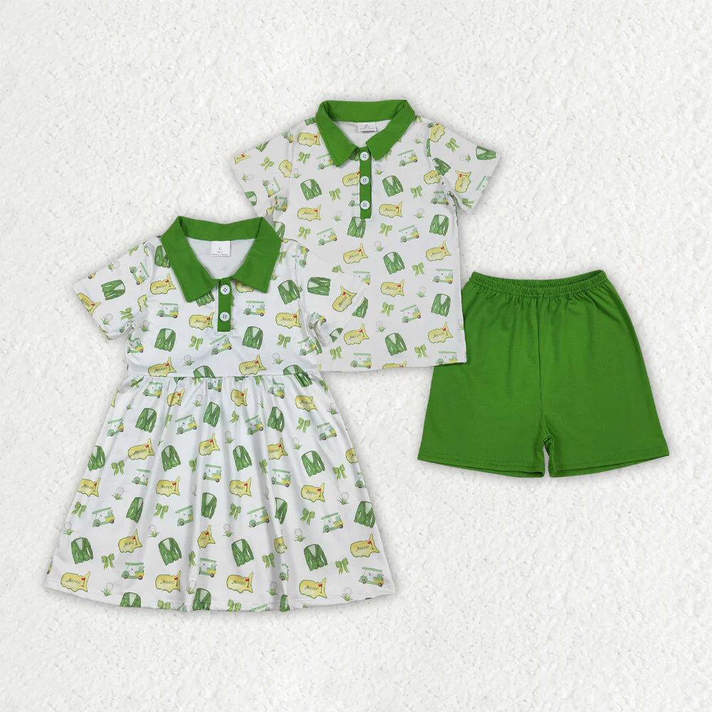 1.16 RTS Sibling Baby Boys Girls Green Golf Bows Button Shirt Short Clothes Set Knee Length Dresses