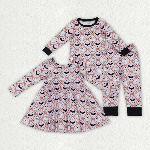 9.19 RTS Sibling Baby Girls Ghosts Bats Checked Halloween Pajamas Sets Knee Length Dresses