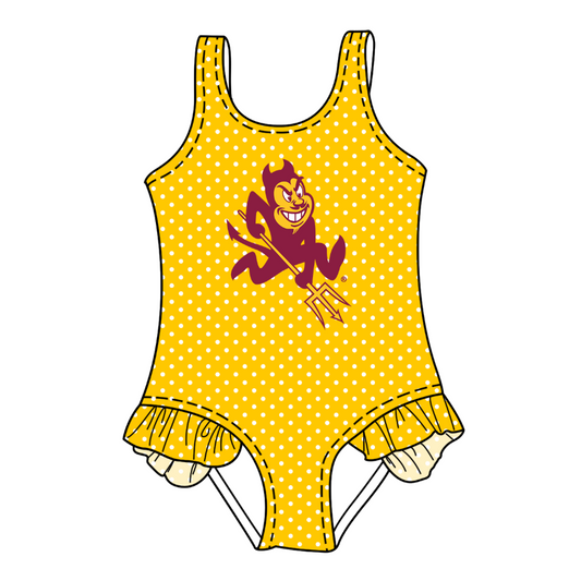 CUSTOM MOQ 5 Cute Comfortable Clothing For Kids Baby Girls Summer Dark Yellow Polka Dots Ruffle Team One Piece Swimsuits