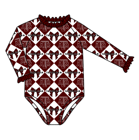 CUSTOM MOQ 5 Baby Girl Clothes Dark Red Bow Plaid Team Long Sleeve Swimsuits