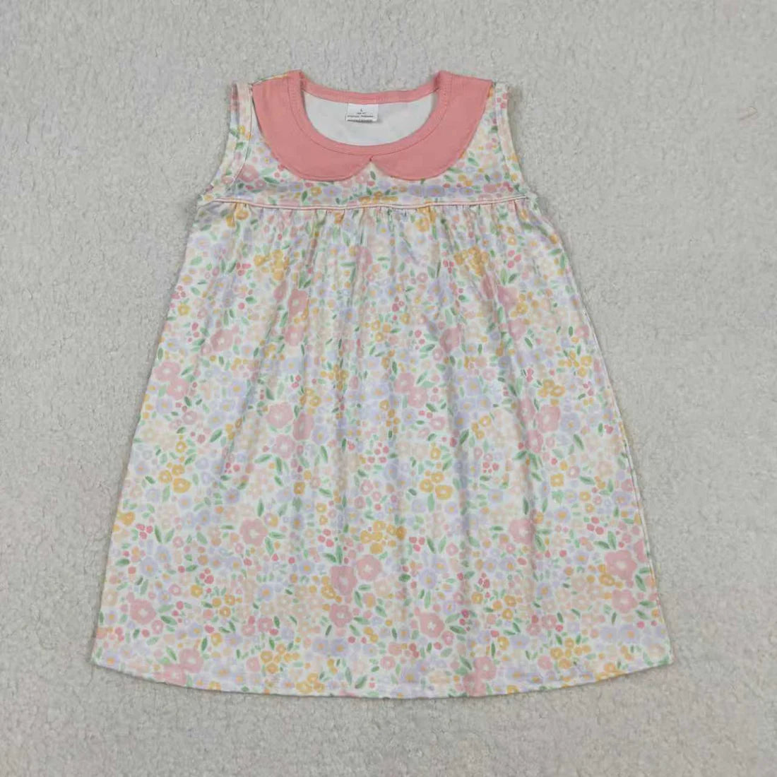 1.10 RTS Sibling Baby Girls Sleeveless Peach Flowers Collar Knee Length Dress Tunic Ruffle Rompers