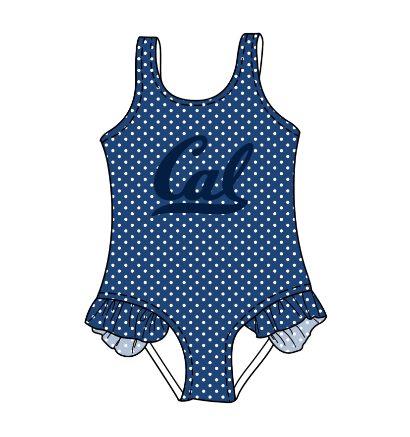 CUSTOM MOQ 5 Cute Comfortable Clothing For Kids Baby Girls Summer Dark Blue Polka Dots Ruffle Team One Piece Swimsuits
