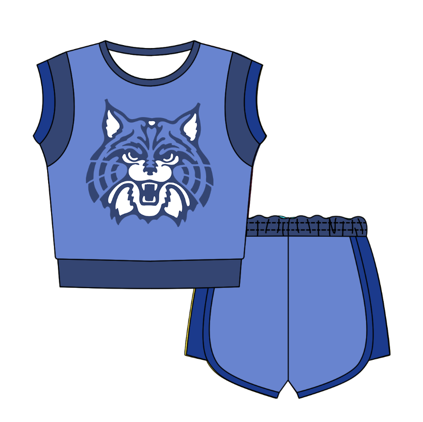 CUSTOM MOQ 5 Cute Comfortable Clothing For Kids Baby Kids Summer Blue Cat Cow Sleeveless Patchwork Top Shorts Clothes Sets