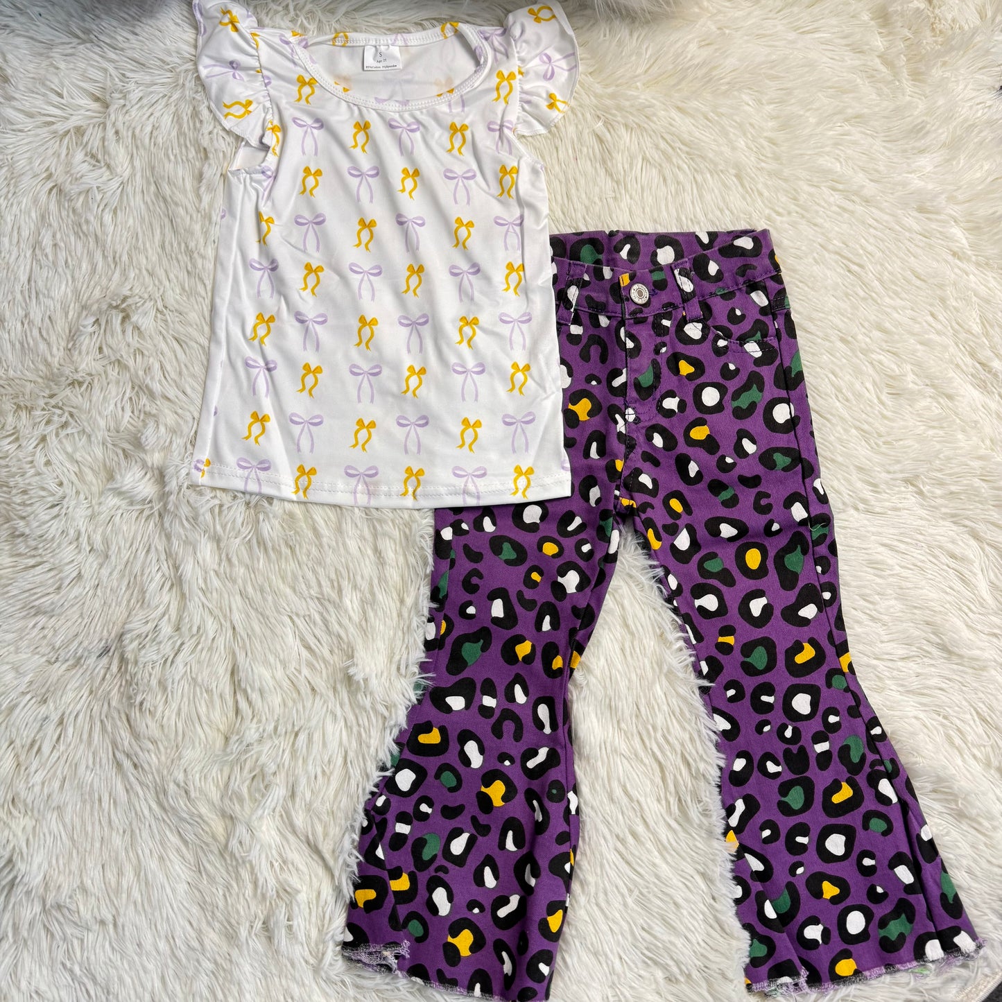 1.10 RST GT1147 + P0313 Baby Girls Yellow Lavender Bows Plaid Tee Shirts Top Leopard Bell Denim Pants Jeans