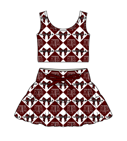 CUSTOM MOQ 5 Baby Girl Clothes Dark Red Bow Plaid Top Skirts Yoga Active Team Clothes Sets