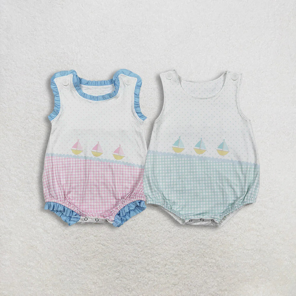2.2 RTS Sibling Baby Boys Girls Sleeveless Boats Polka Dots Checked Rompers