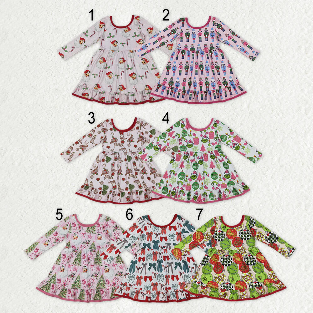 11.20 RST Sibling Baby Girls Christmas Long Sleeve Santa Soldiers Grin Ruffle Knee Length Dresses