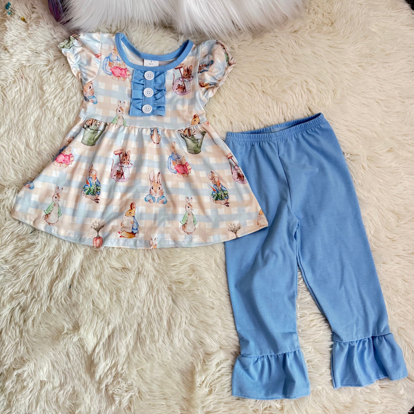 12.25 RST GSPO2094 Baby Girls Stripe Rabbits Button Tunic Ruffle Pants Easter Clothes Sets