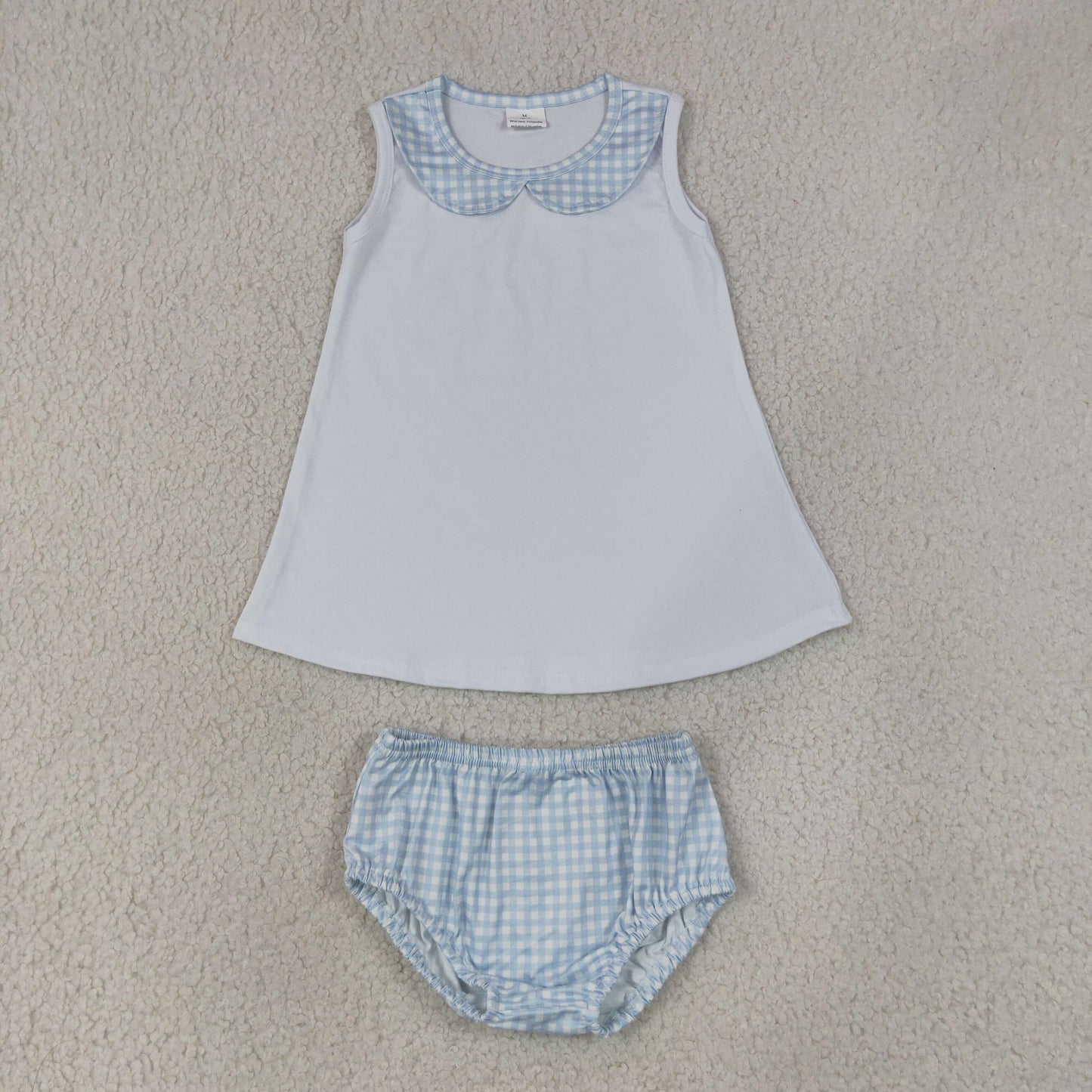 GBO0539（BT1847+SS0964） RTS NO MOQ （In stock）Baby Boys Light Blue Checked Tunic Bummies Clothes Sets