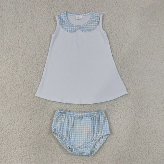 GBO0539（BT1847+SS0964） RTS NO MOQ （In stock）Baby Boys Light Blue Checked Tunic Bummies Clothes Sets