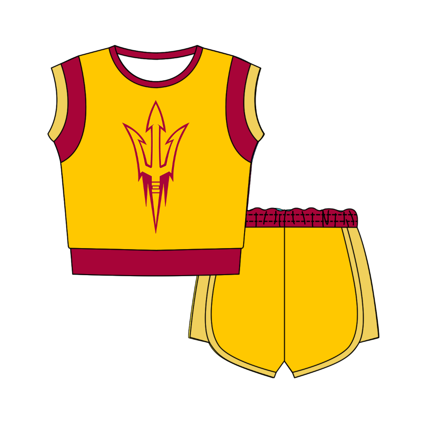 CUSTOM MOQ 5 Cute Comfortable Clothing For Kids Baby Kids Summer Golden Red Sleeveless Patchwork Top Lace-up Shorts Clothes Sets