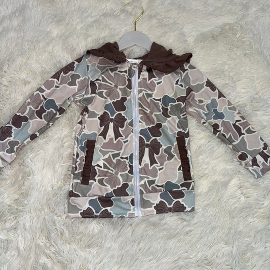 11.21 RST GT1263 Baby Girls Bows Camo Pockets Zipper Hunting Ruffle Hoodies Top