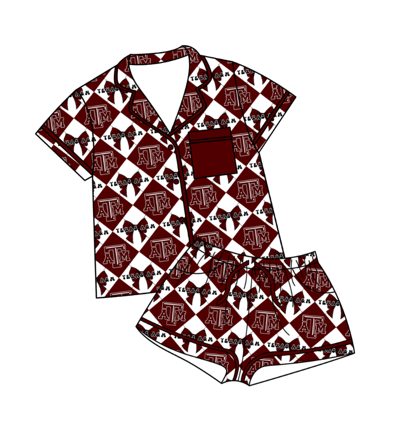 CUSTOM MOQ 5 Baby Girl Clothes Dark Red Bow Plaid Top Bottom Shorts Pajamas Team Clothes Sets